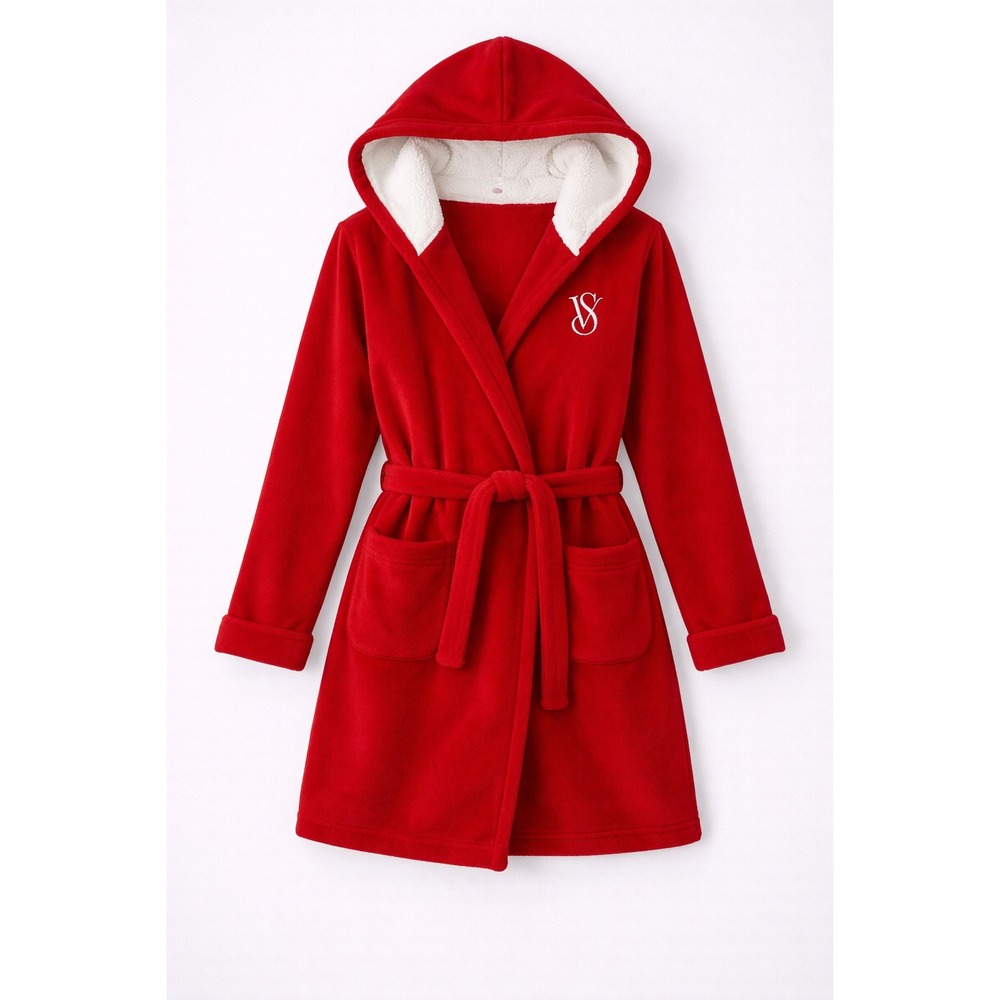 Victoria's Secret‎ Red Hooded Sherpa Lined Plush Robe Tie Waist Cozy Lounge